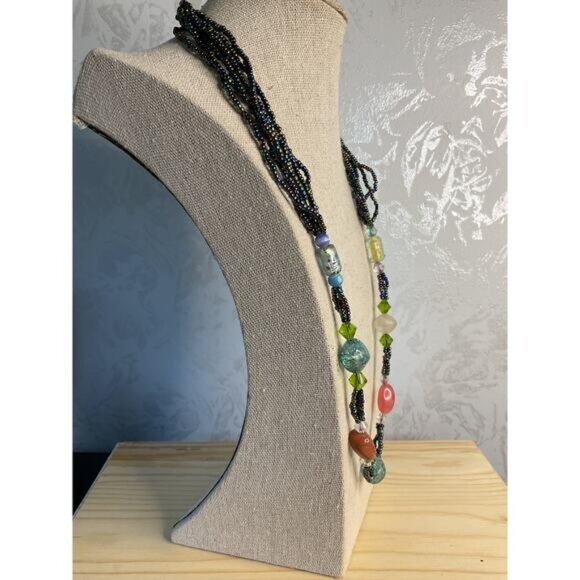 Necklace Multi Color & Black Glass Double Strand Beads - Picture 2 of 4